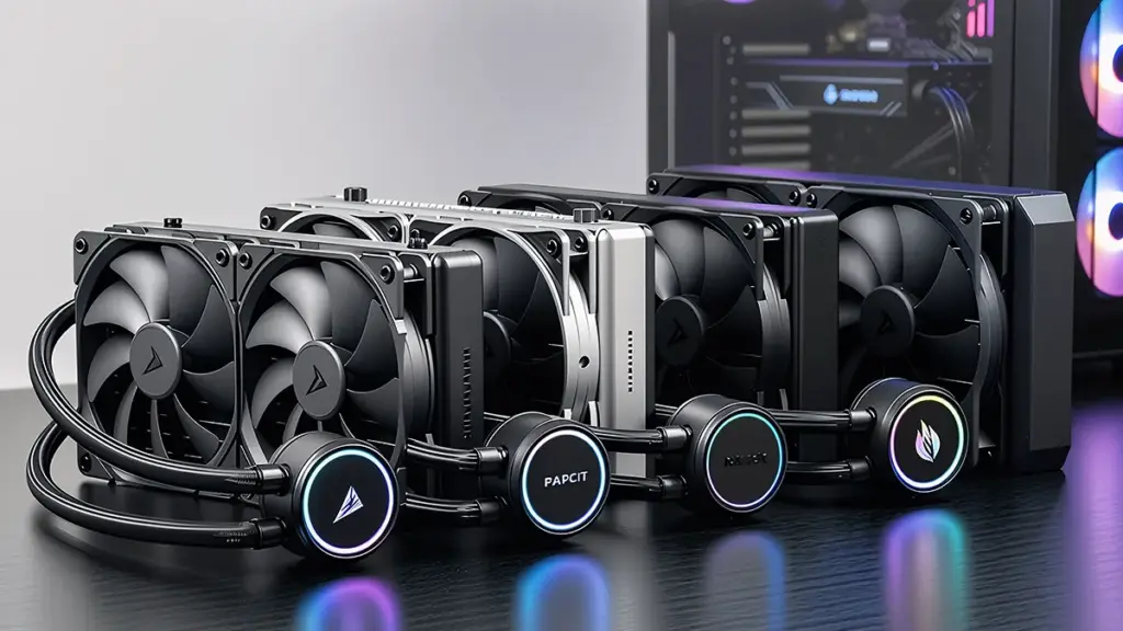 Vários modelos de water cooler 240mm alinhados sobre uma mesa, com fans duplos e blocos iluminados