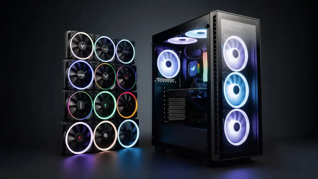 Gabinete gamer com water cooler 360mm e vários fans RGB iluminados